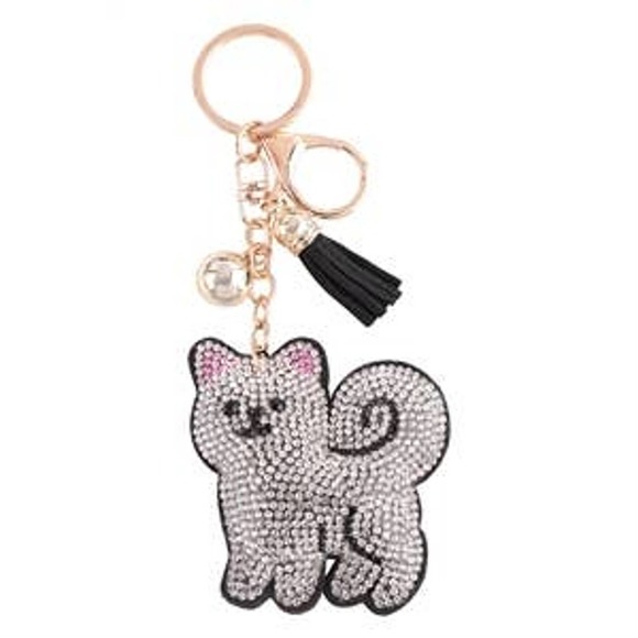 Fluffy Dog Crystal Tassel Keychain Keyring Bag Charm - Picture 1 of 3